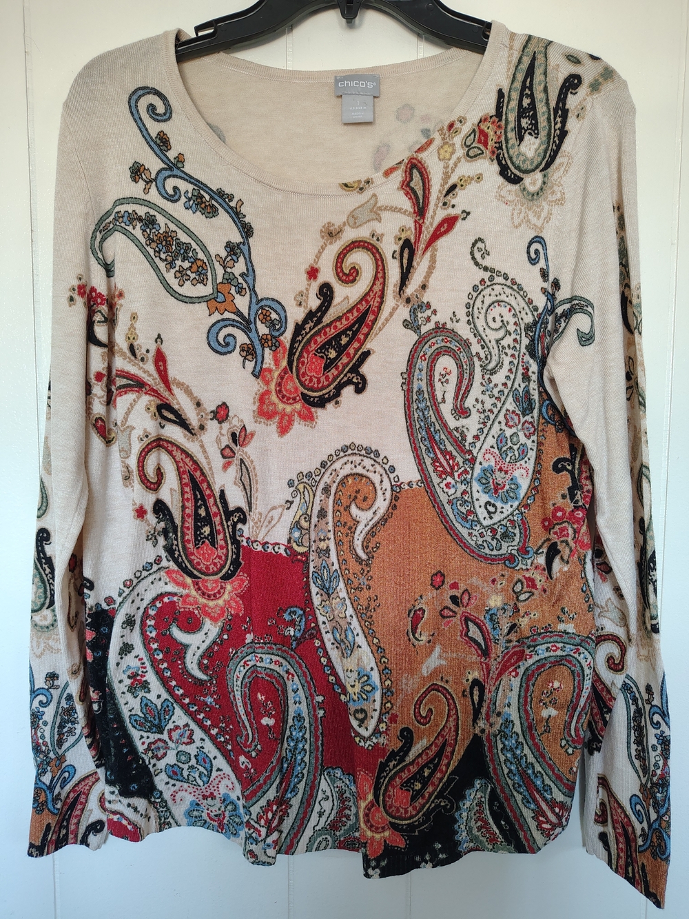 Chico's Beige Paisley Long-Sleeve Top with Red & Tan Accents